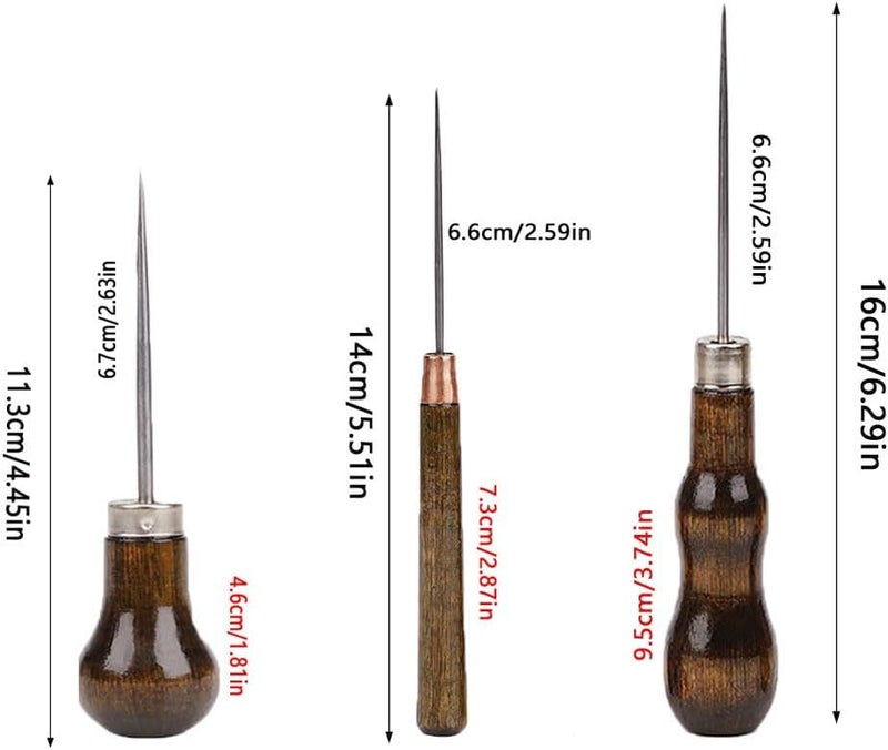 UtySty 3 Pack Scratch Awl Tool with Wooden Handle Gourd Shape Pin Punching for Leather Punch Hole Craft Repair Shoes Sewing Crochet DIY Handmade Stitch - Image 1